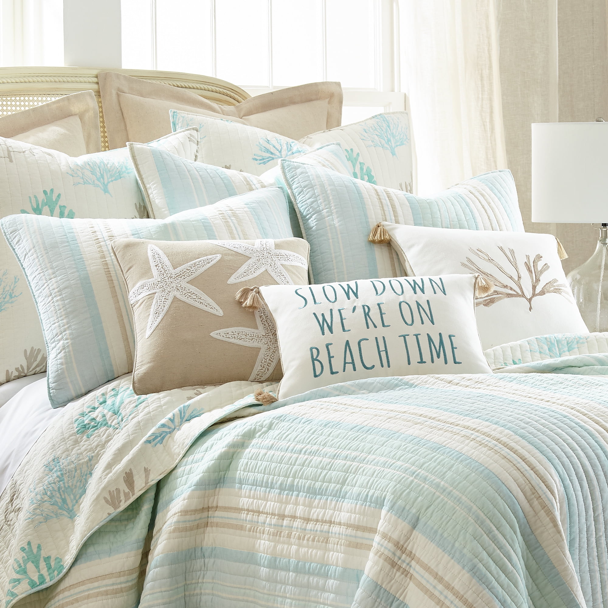 Levtex Home - Stone Harbor King/Cal King Quilt - Striped Coastal - Light Blue, Taupe, & Cream - Quilt Set Size 106x92in. and two shams 20x36in. - Reversible - Cotton Fabric