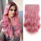 thumbnail image 1 of Extensiones de cabello falso natural ondulado Clips para mujeres Clip ins 4 piezas de fibra sintética sin trama extensión invisible larga de 22 pulgadas postizos para uso diario rosa claro, 1 of 5