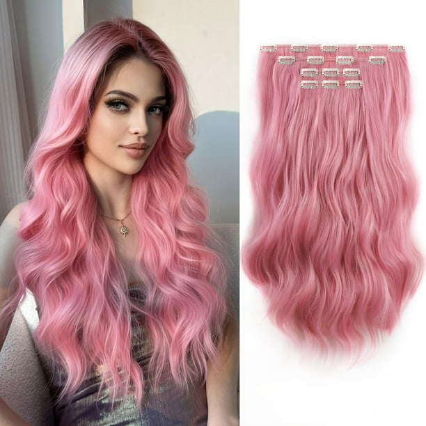 Extensiones de cabello falso natural ondulado Clips para mujeres Clip ins 4 piezas de fibra sintética sin trama extensión invisible larga de 22 pulgadas postizos para uso diario rosa claro