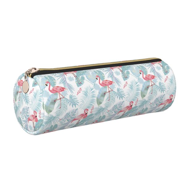 Easygdp Tropical Flamingo para Estuche de Lápices Cilíndrico de Cuero con Cremallera, Organizador de Lápices de Cuero para Escuela, Oficina y Viajes