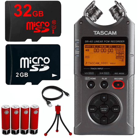 Tascam Portable Digital Recorder (DR-40) 32GB MicroSD Memory Tripod and Battery
