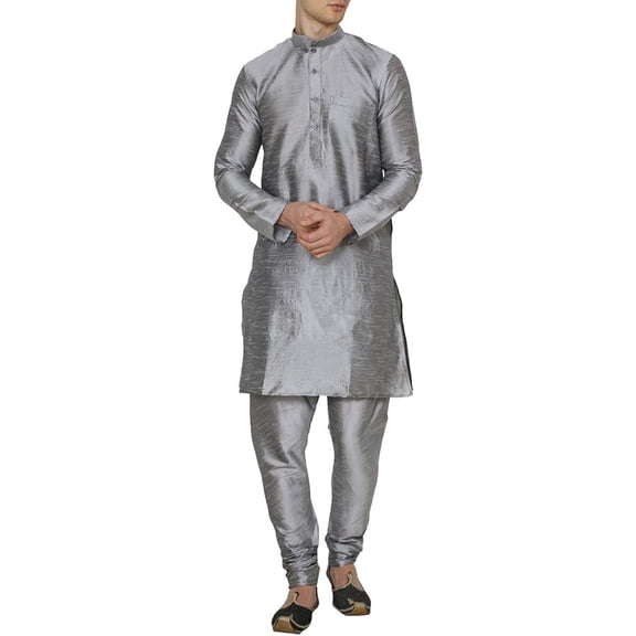 Royal Kurta Men's Silk Blend Straight Kurta Salwar Set (42, Silver-Black.)