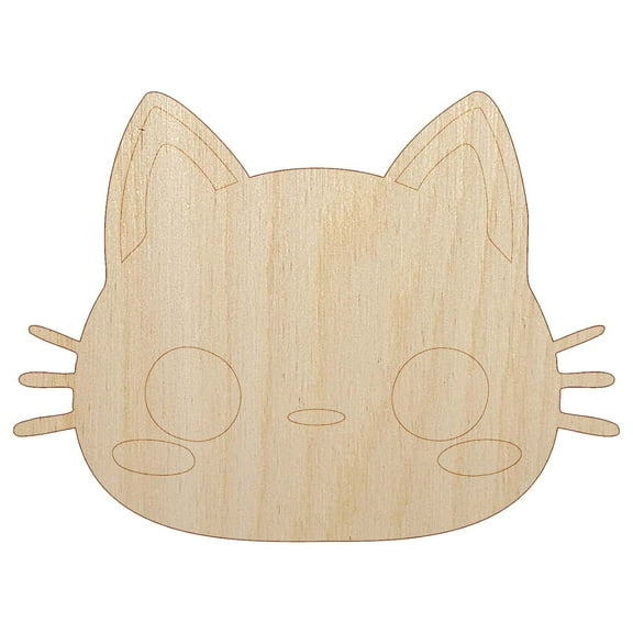 Charming Kawaii Chibi Cat Kitten Face Blushing Cheeks Wood Shape Unfinished Piece Cutout Craft DIY Projects - 4.70 Inch Size - 1/8 Inch Thick