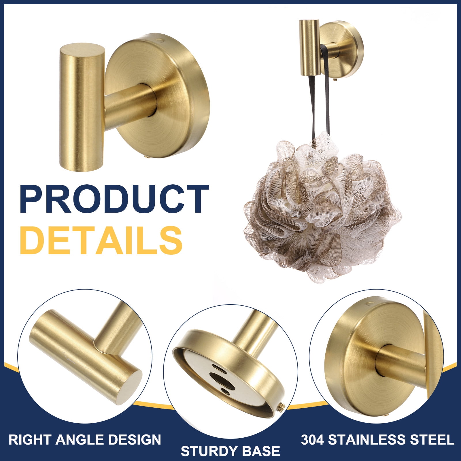 Unique Bargains Bath Towel Hook Stainless Steel Coat Hook Wall Mount Robe Gold