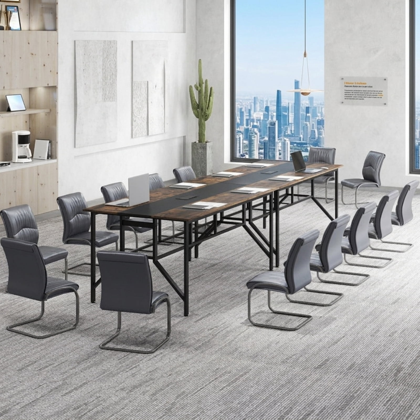 Furnibear Rectangular Conference Meeting Table with Mesh Storage Shelf and Cable Grommet for Office Training Room and Home Desk, Rustic Brown