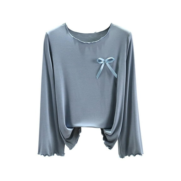 Lenpel Women's T Shirts Long Sleeve Crew Neck Ruffle Trim Lounge Pajama Tops Athletic Yoga Tees Loose Workout Blouses(Light Blue,X-Large)