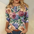 thumbnail image 2 of CYMMPU Loose Fit Round Neck Tunic Tops Fall Fashion Shirts Blouses for Women Dressy Casual 3/4 Sleeve Spring Tops Flower Printed Lightweight Basic T-Shirts Multicolor XL, 2 of 5