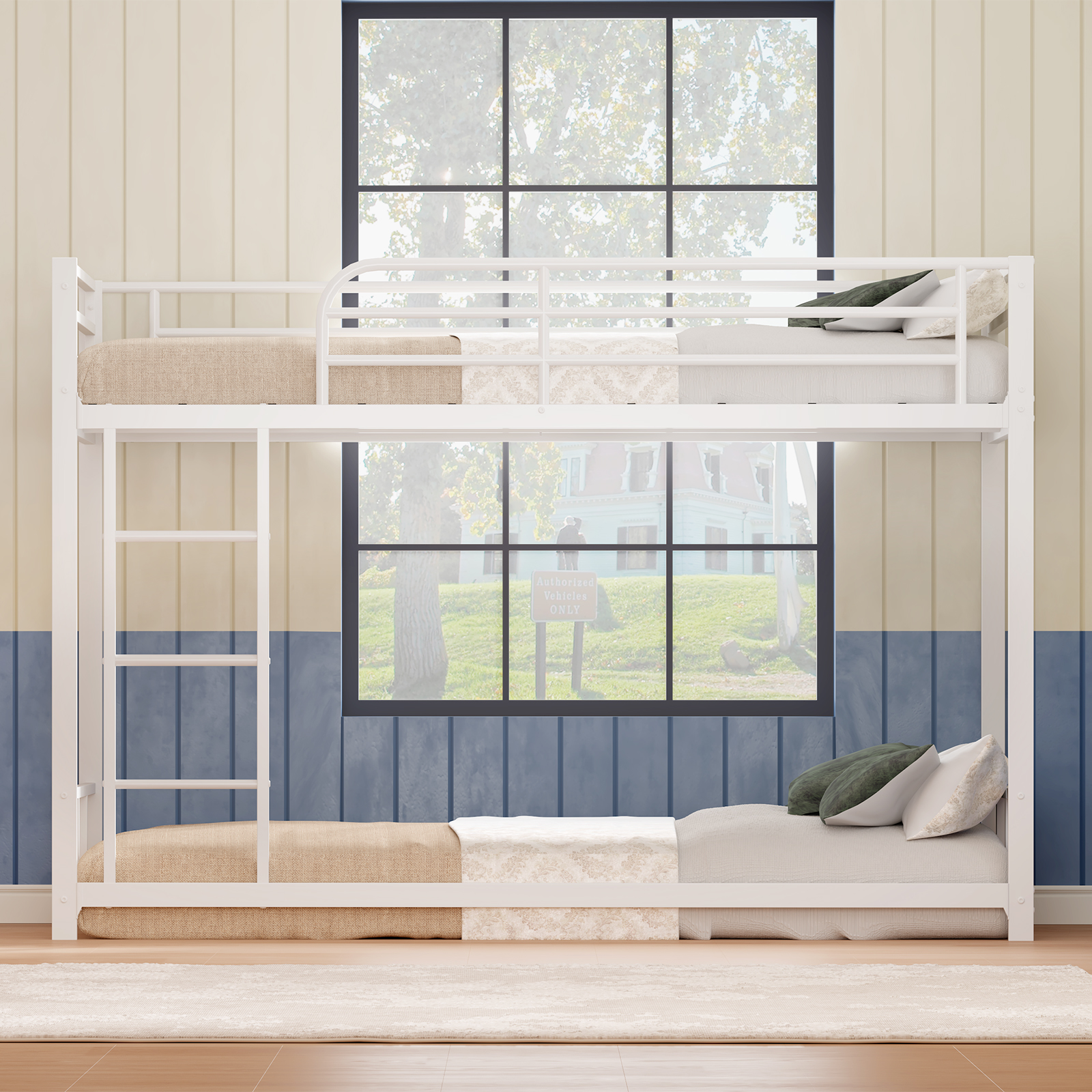 Miniyam Twin Over Twin Metal Bunk Bed Frame with Ladder and Guardrails, Heavy Duty Steel Design, No Box Spring Needed, White