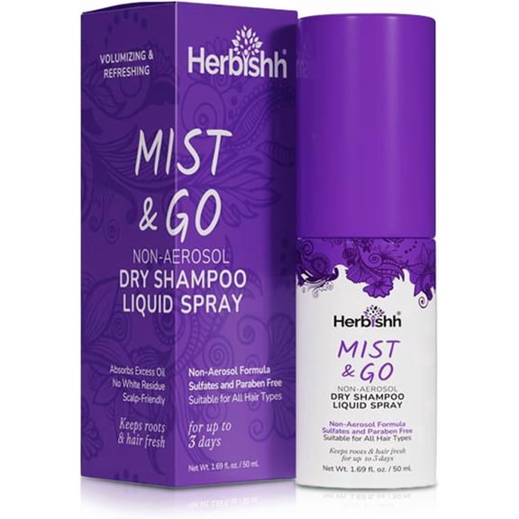 Herbishh Non-Aerosol Mist & Go Waterless Dry Shampoo (1.69 fl oz) Pump Spray Hair Refresher for Oily Greasy Roots, Volumizing Dry Shampoo for Men & Women, No White Residue, Travel Friendly Mist