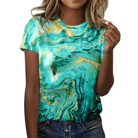 

Scrub Tops for Women Summer Flower Printed Shirts Short Sleeve O Neck Tee T Shirt Top