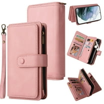 for Google Pixel 6 Wallet Case, Classic PU Leather Wrist Strap PU Leather Kickstand Card Slots Heavy Duty Protection Zipper Pocket Rugged Phone Case Cover for Google Pixel 6, Pink