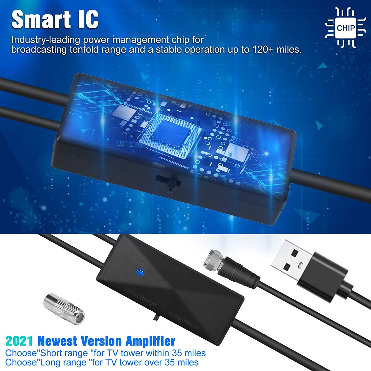 Camkey HDTV Antenna 4K 1080P Resolution, 90-120 Miles Range, HDTV, VHF UHF Channels with Amplifier Signal Booster - 16.4 FT Premium Coaxial Cable