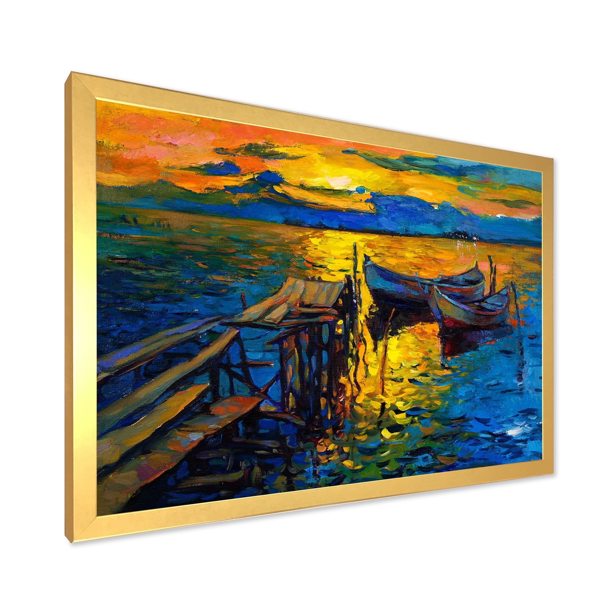 Boat At The Lake During Evening Glow II 40 in x 30 in Framed Painting Canvas Art Print, by Designart