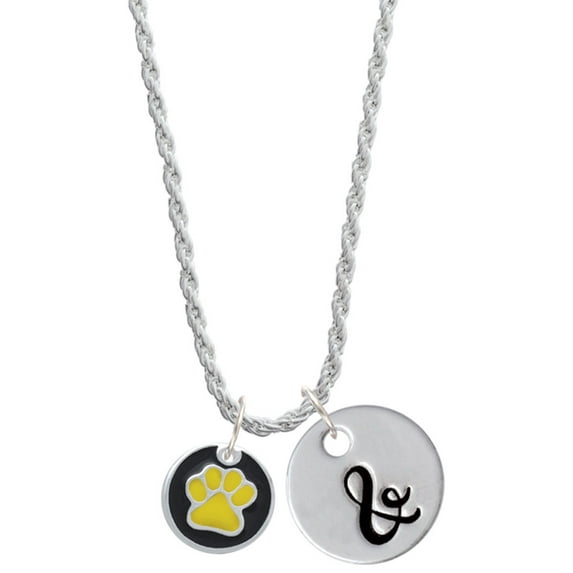 Delight Jewelry Silvertone Yellow Paw on Black Disc Silvertone Script Initial Disc - & - Charm Necklace, 20"+3"