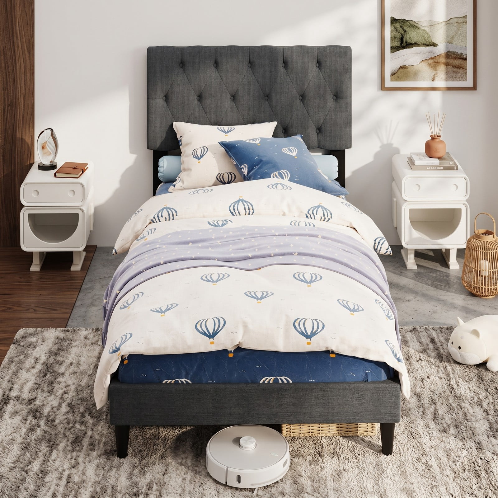 Furnibear Twin Bed Frame, Upholstered Platform Bed Frame with Tufted Wingback Headboard, Twin Bed Frame with Headboard and Slat Support, Gray