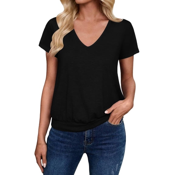 Chuancc Women's V Neck T-Shirts Short Sleeve Summer Casual Tops Loose Fit Flat Hem Plain Basic Tees Black L