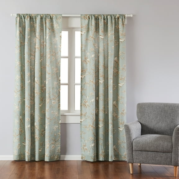 Levtex Home - Lyon Teal - Window Panel with Rod Pocket - One Curtain Panel 84 inch Length - Bird Toile - Teal, Taupe, Cream, Brown - 100% Cotton - Lined