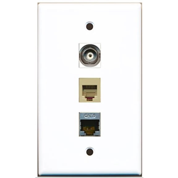 RiteAV - 1 Port Phone RJ11 RJ12 Beige and 1 Port Shielded Cat6 Ethernet and 1 Port BNC Wall Plate