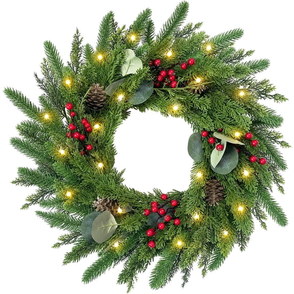 24 Inch Christmas Wreath for Front Door Artificial Cedar Wreath with Lights, Pinecones, Red Berries, Eucalyptus & Cedar Greenery, Indoor Outdoor Farmhouse Holiday Christmas Decor