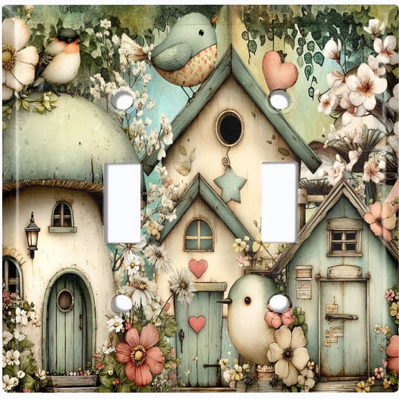 Metal Light Switch Wall Plate Outlet Cover (Printed Image of Fantasy Bird Houses - Double Toggle)