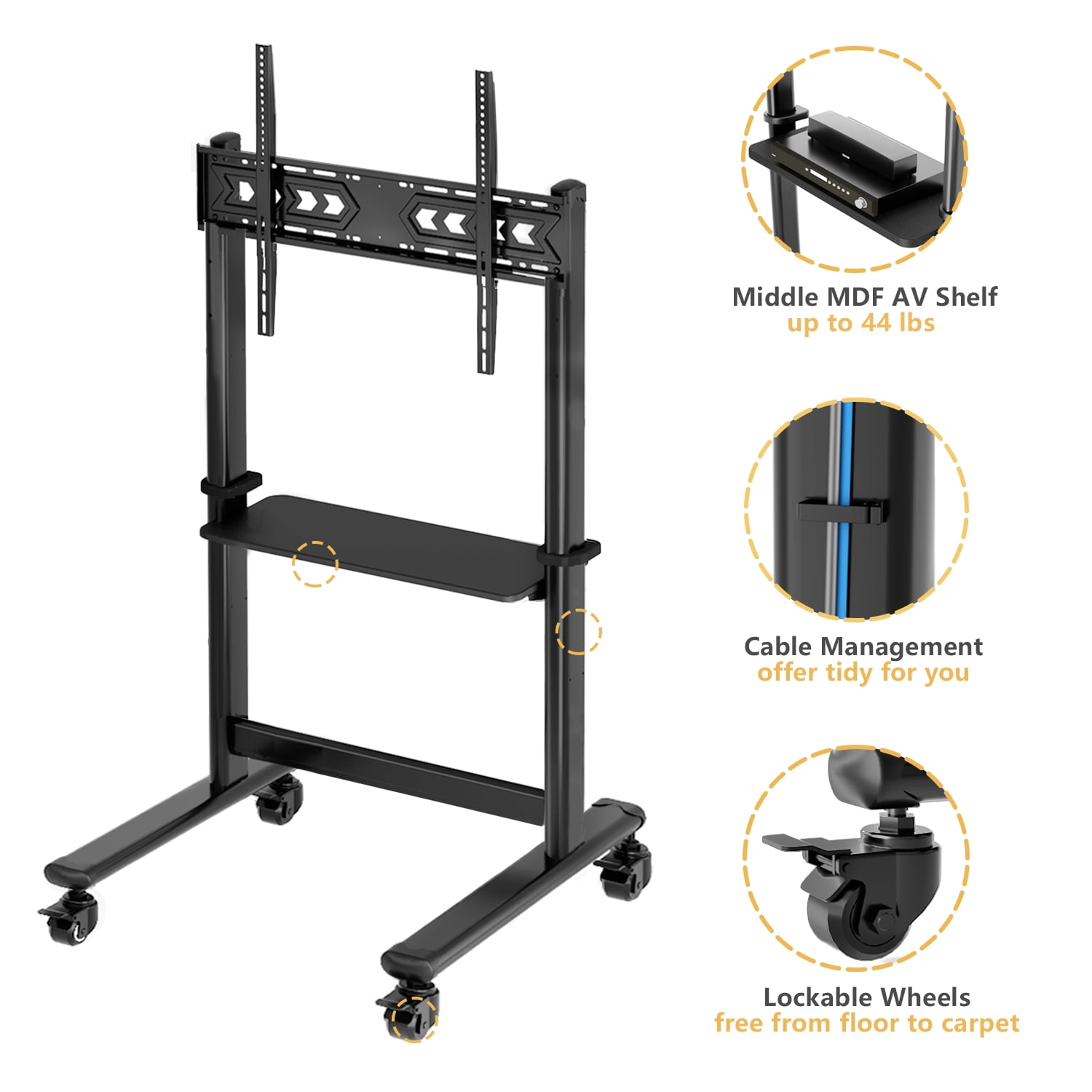 Black Mobile TV Stand Rolling TV Cart for 55 to 90 inch Flat Screen TVs，Holds Up to 200lbs
