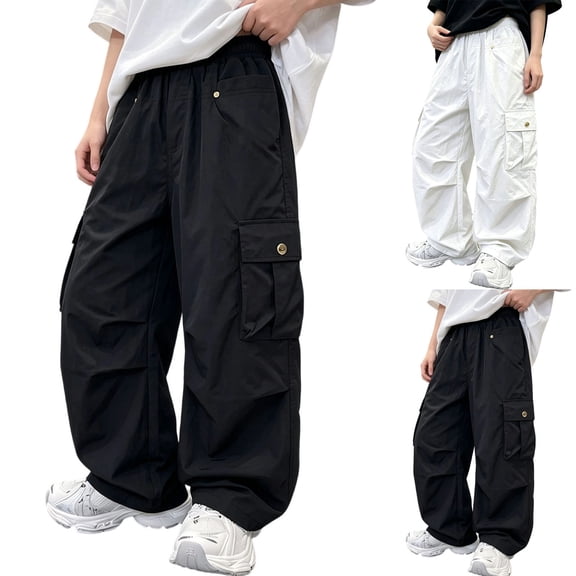 ZVAVZ Boys Wide Leg Cargo Pants Elastic Waist Hiking Pants with Flap Pockets Fashion Solid Casual Outdoor Camping Pants Black 9-10 Years