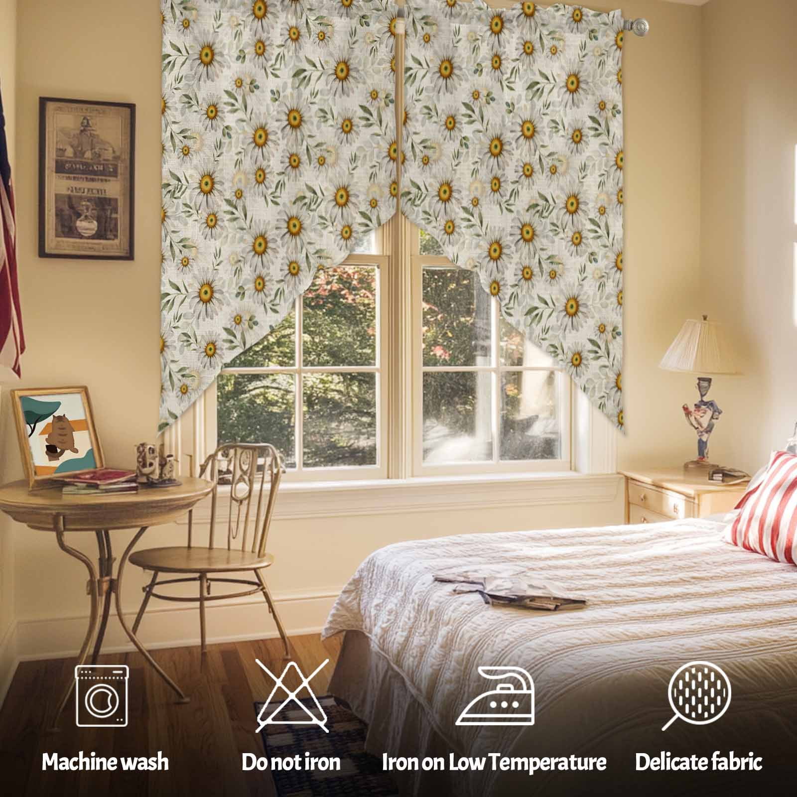 Swag Curtain Valances Daisy Flower Swag Valances for Kitchen Windows Green Leaves Linen Short Topper Curtains Valance Tier Pair for Kitchen Bedroom Living Room Bathroom 28"x36"