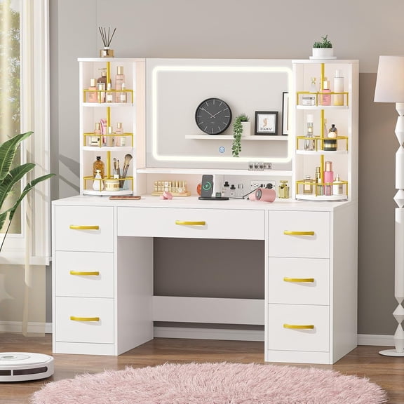 LED Mirror Vanity with 360 Rotating Shelves, White Makeup Table, 6 Drawers, Charging Station