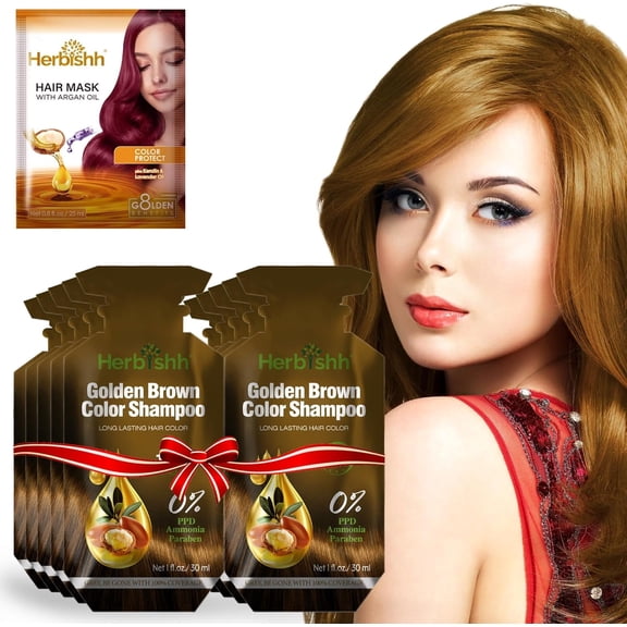 Herbishh Golden Brown PPD-Free Shampoo for Gray Hair, Travel-friendly Hair Dye Shampoo 3 in 1, 100% Gray Coverage, Permanent Hair Color for Men & Women, Ammonia-free, 30 ml