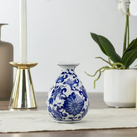 6.25” Blue and White Floral Clay Vase