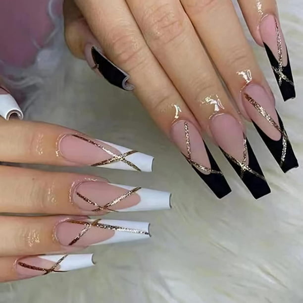 Coffin Press on Nails Long Fake Nails Black White Glue on Nails Glossy  Ballerina Acrylic Nails 24Pcs Glitter Stick on Nails with Design -  