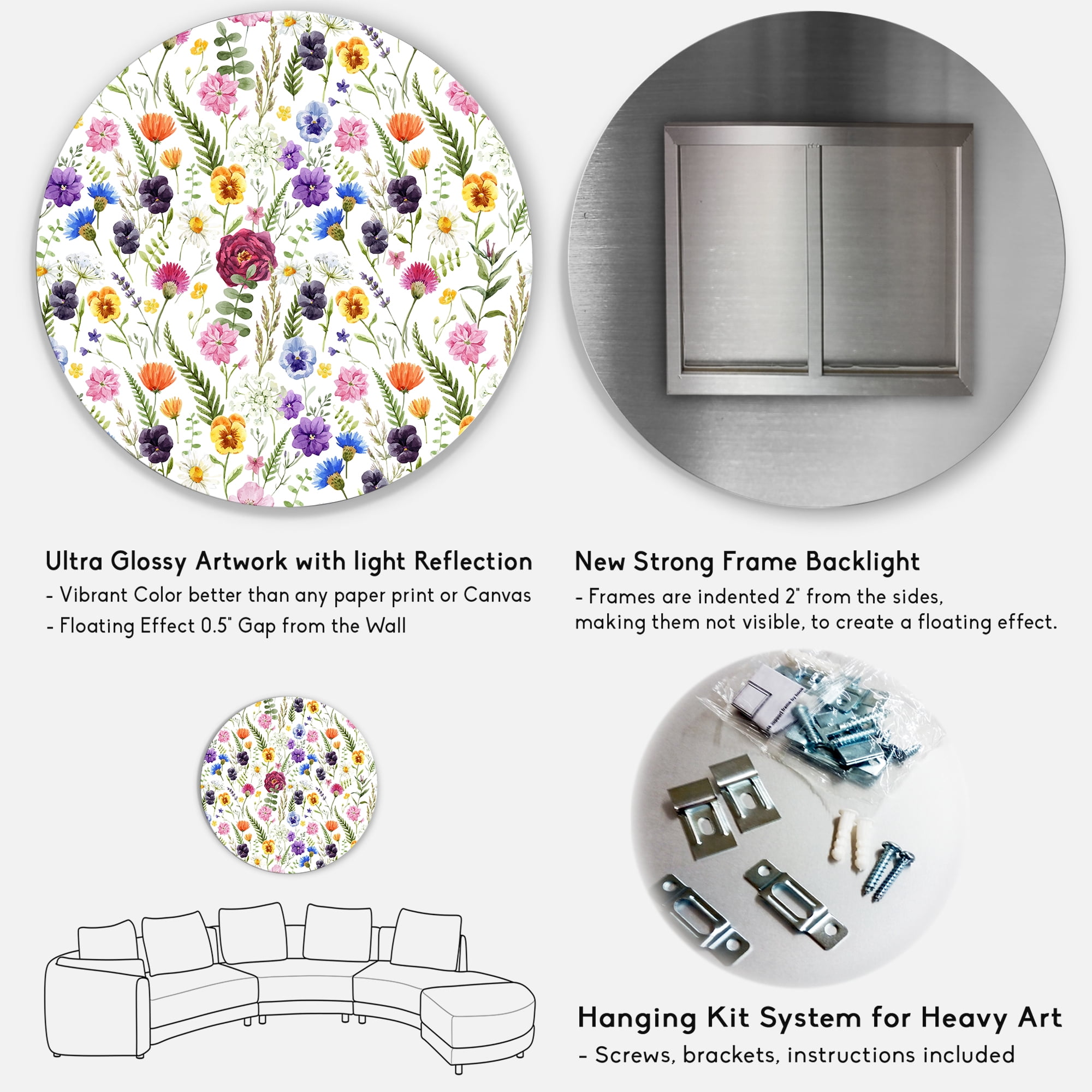 Designart 'Coloful Wildflowers Floral Pattern II' Traditional Circle Metal Wall Art 23x23 - Disc of 23
