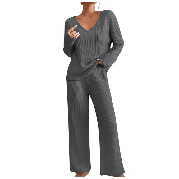 vigerkar 2 Piece Outfits for Women Long Sleeve Vneck Tops and Wide Leg Pants Ribbed Matching Lounge Set (Dark Gray, S)