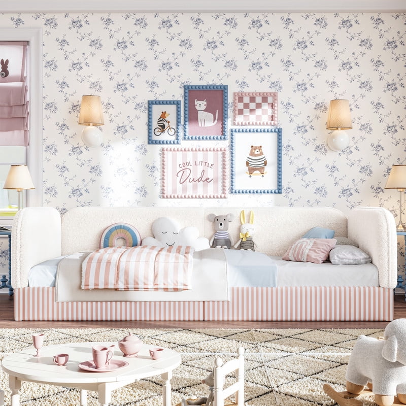 Twin Size Upholstered Floor Daybed Frame for Kids, Half-Enclosed Montessori Platform Bed with 3-Sided Surrounding Guardrails