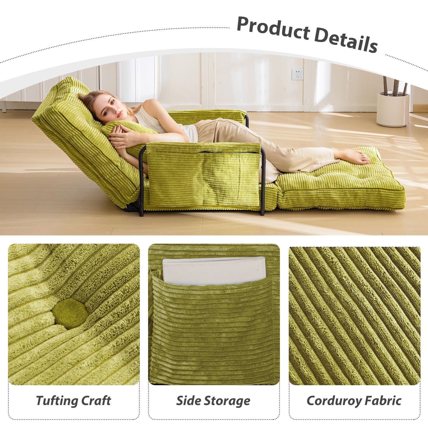 GOODONE Convertible Floor Sofa,Bean Bag Sofa with Pillows,Multifunctional Lazy Sofa with Pillows,Adult Reading Chair,Suitable for Bedroom or Living Room,Green,Single
