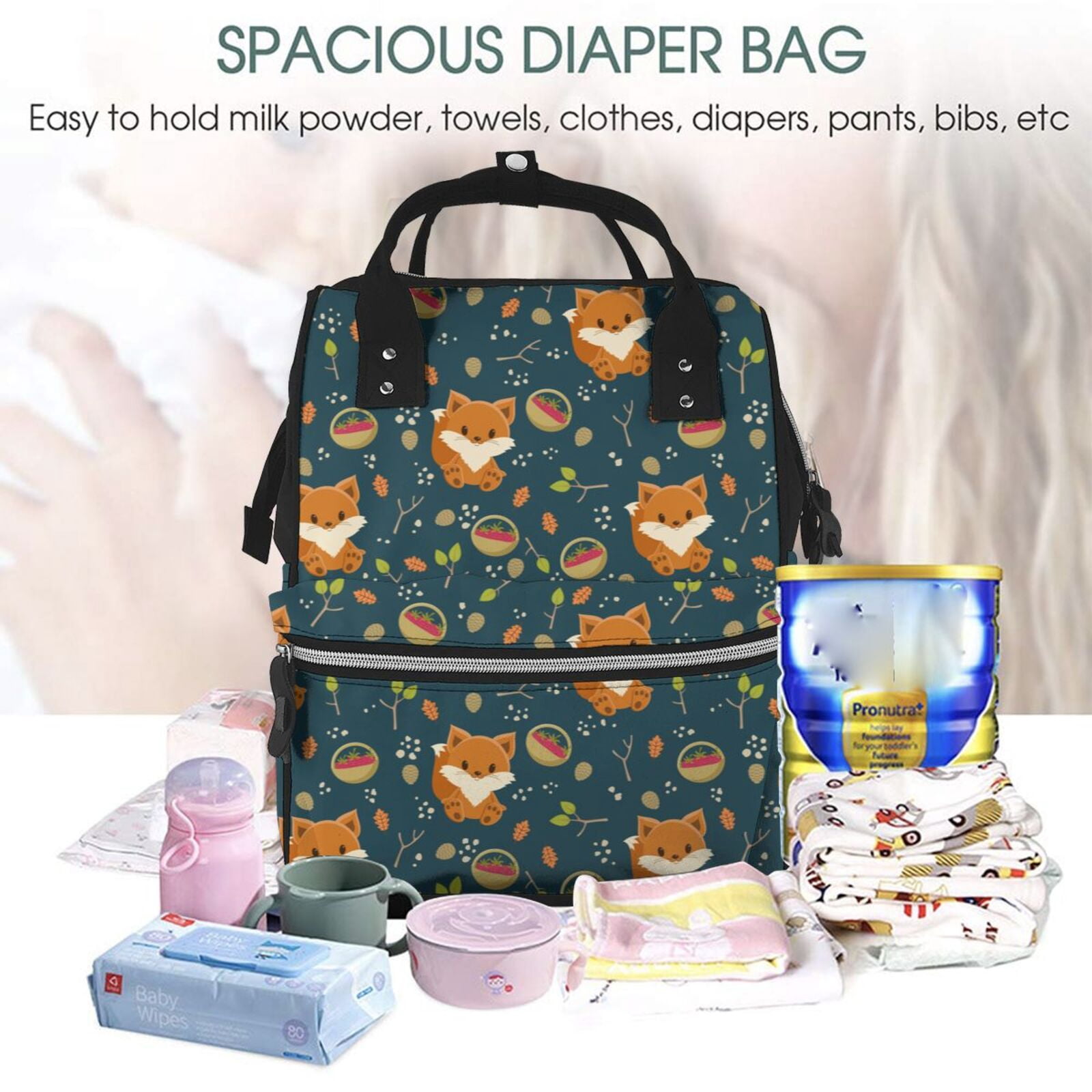 Fuzoiu Cute plant fox Print Diaper Bag Backpack,Baby Essentials Travel Tote,Multi function Waterproof Diaper Bag, Travel Essentials Baby Bag - Unisex