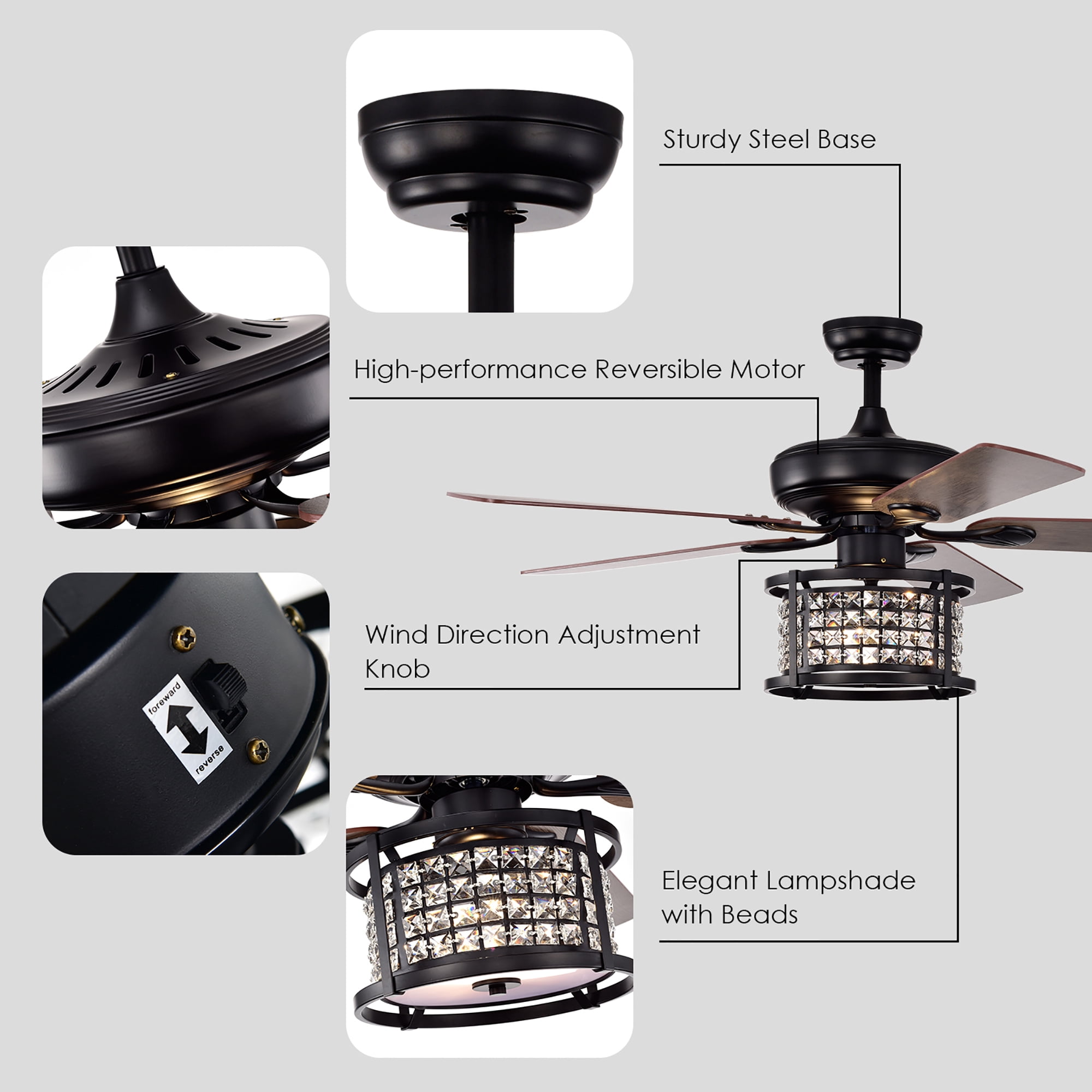 Costway 52'' Ceiling Fan with Light Reversible Crystal Ceiling Fan Lamp W/Remote Control