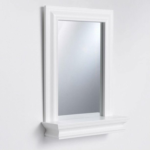 The right bathroom mirror can change the way you see yourself. framed bathroom mirror rectangular shape with bottom shelf in white wood finish
