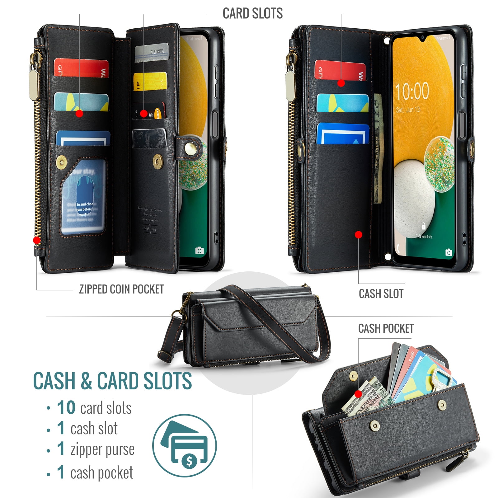 Compatible with Samsung Galaxy A13 5G Zipper Wallet Phone Case Tempered Glass Screen Protector Crossbody Lanyard Strap Flip Card Holder Slot Cell Cover for A04S M13 G5 A 13 2022 13A A135G Women Black