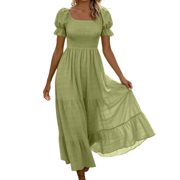 Atogsazn Women Square Neck Puff Sleeve Dress Smocked Tiered Maxi Dresses Flowy Ruffle A-Lined Sundress Army Green XXL Fashion