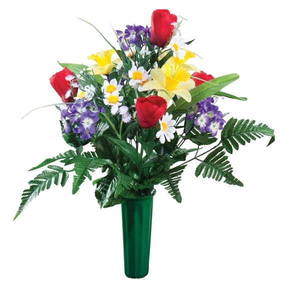 Silk Memorial Flowers, 23" Outdoor Cemetery Bouquet - Lifelike Artificial Floral Arrangements for Graveside, Home Décor, Easter, Weddings Multicolored