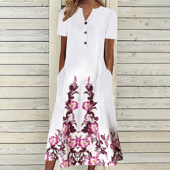WQJNWEQ Wear to Work Dresses for Women Fashion Misses Summer Printing Causal V-Neck Button Short Sleeve Vacation Pockets Dress