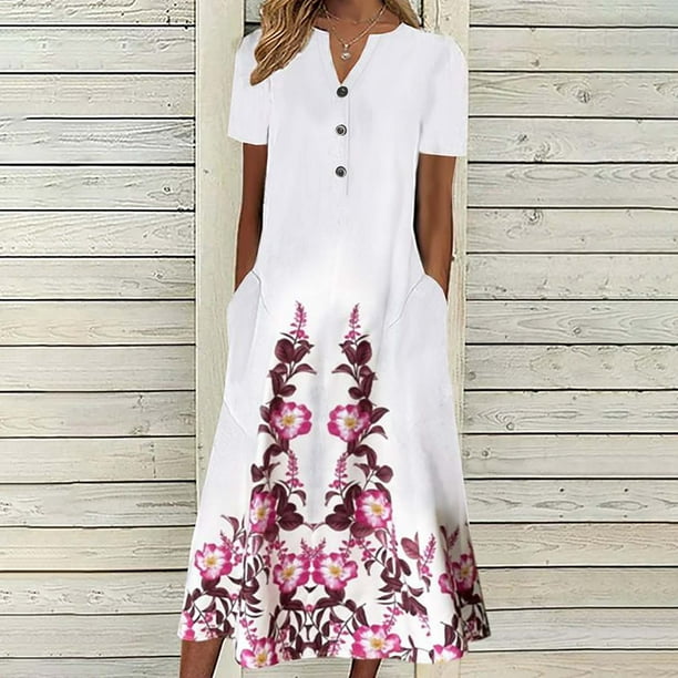 ICHUANYI ClearanceFashion Women Summer Printing Causal V-Neck Button Short Sleeve Vacation Pockets Dress(Pink, XL) ICHUANYI WER20232080501879
