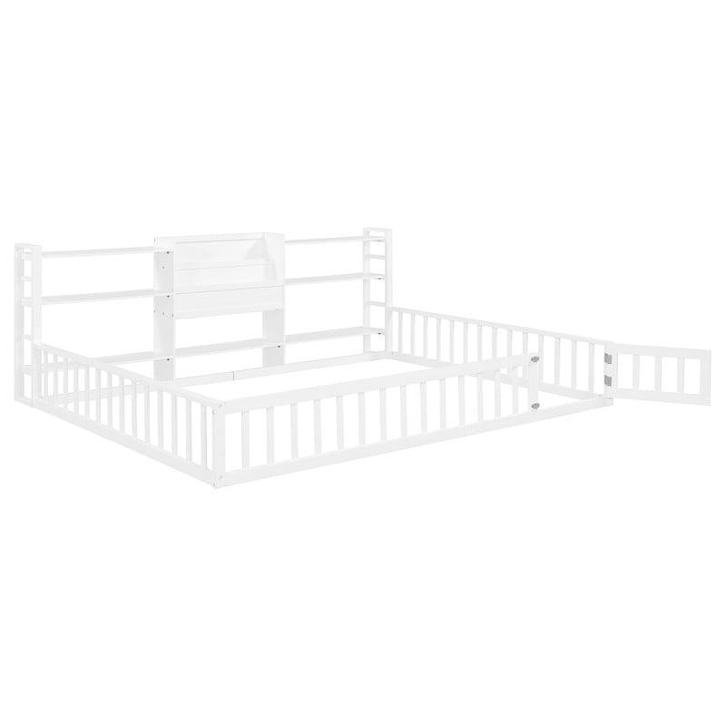 Queen Size Floor Bed Montessori Bed with Integrated Bookcase and 3-Tier Storage Shelves, Wooden Low Profile Toddler Bed Platform Bed with Safety Guardrails for Boys Girls