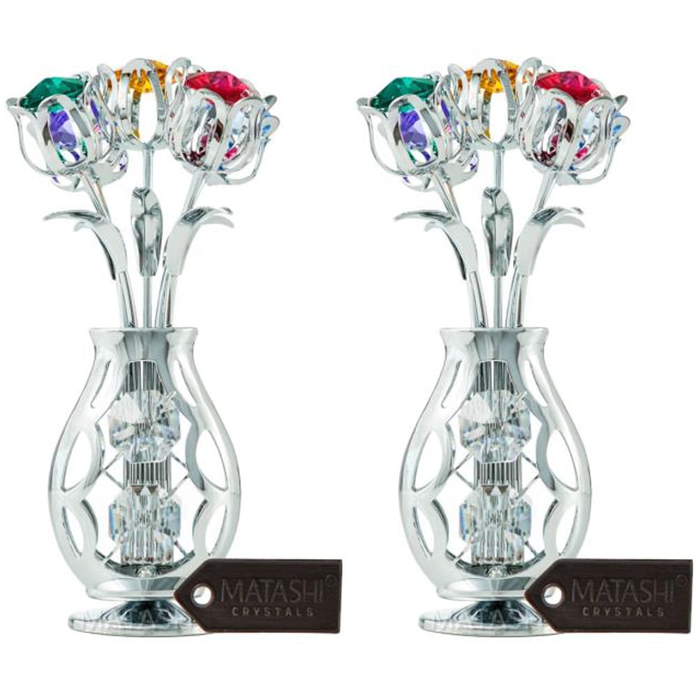 Matashi Chrome Plated Flowers Bouquet and Vase Ornament with Colorful Crystals Home Decorative Tabletop Showpiece for Living Room Bedroom Gift for Christmas Valentine's Day Mother's Day Birthday 