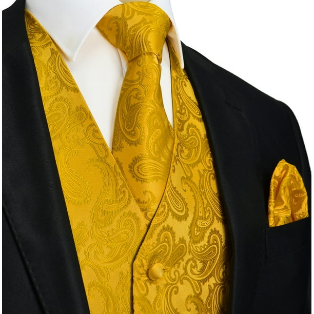 Paul Malone Gold Paisley Suit Vest, Tie and Pocket Square Set Walmart