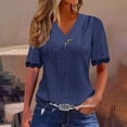 thumbnail image 1 of AOOCHASLIY T-Shirt d'Été Plissé à Manches Courtes pour Femmes avec Boutons, Col en V, Couleur Unie, Mignon, 1 of 5