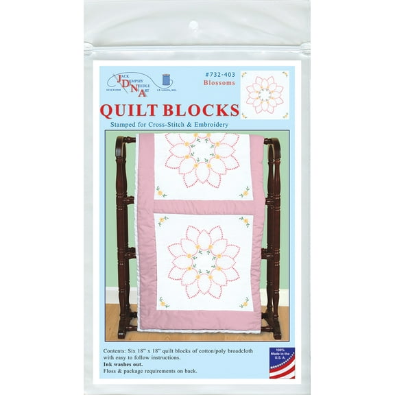 Jack Dempsey Stamped White Quilt Blocks 18"X18" 6/Pkg-Blossoms