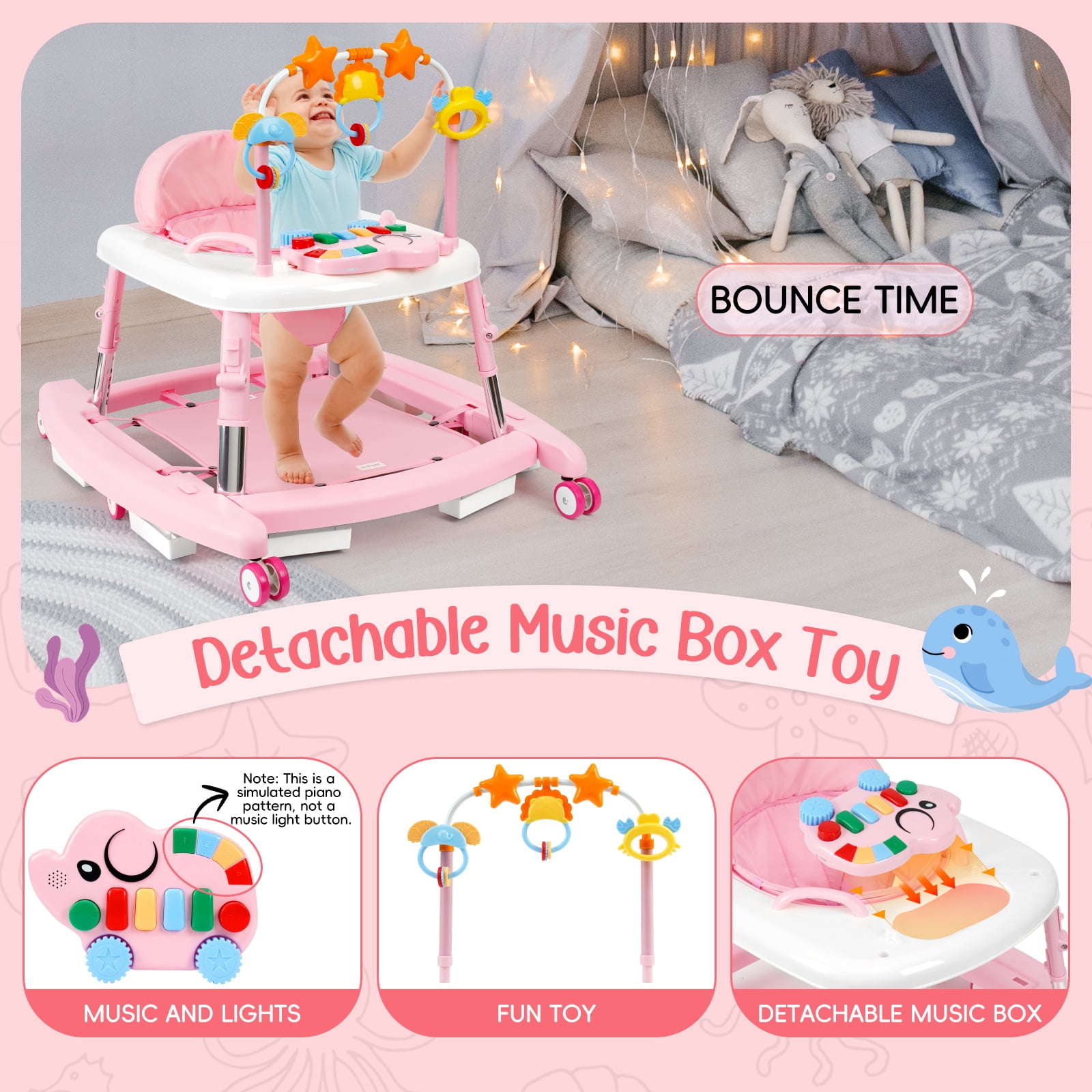 5-in-1 Foldable Baby Walker with Music & Lights – Adjustable Height, Wheels & Bouncer, Portable Toddler Walker for Baby Girls 6-18 Months, Pink