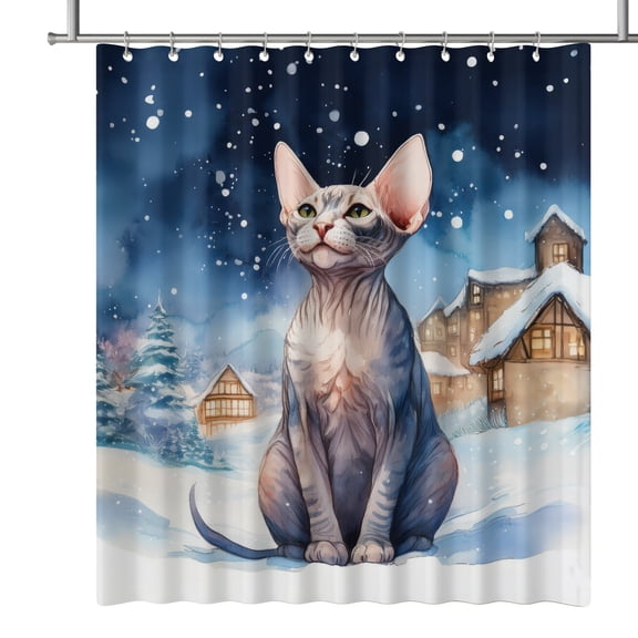 Hello Winter Sphynx Welcome Snowy Night Watercolor Vintage Shower Curtain Cat Lover Kitten Owner Gifts Idea Waterproof Bathroom Bathtub Curtain - 01011